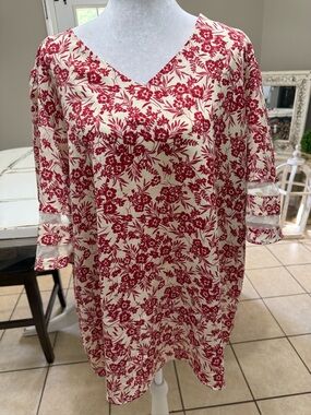 Jouica 2XL Red Floral Boho Tunic Top V-Neck 3/4 Sleeve